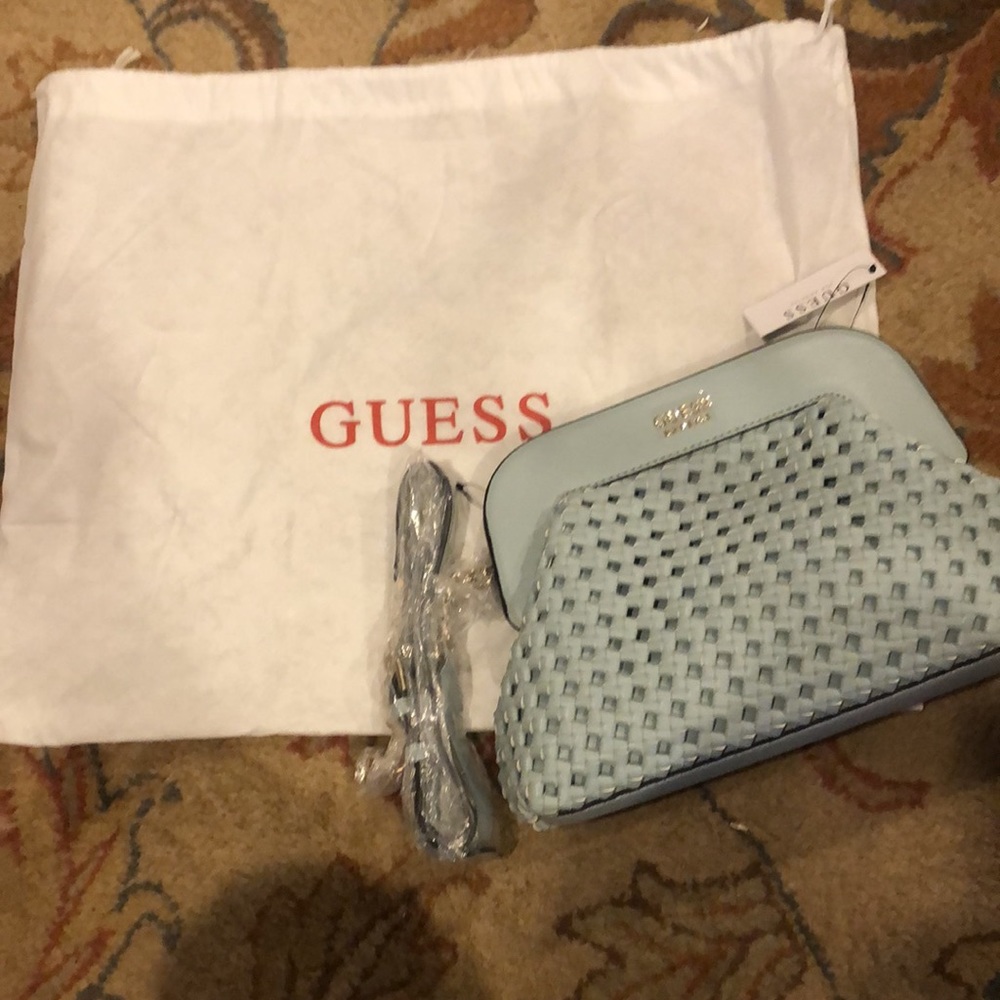 NWT Robins egg blue Guess vegan leather woven bag.